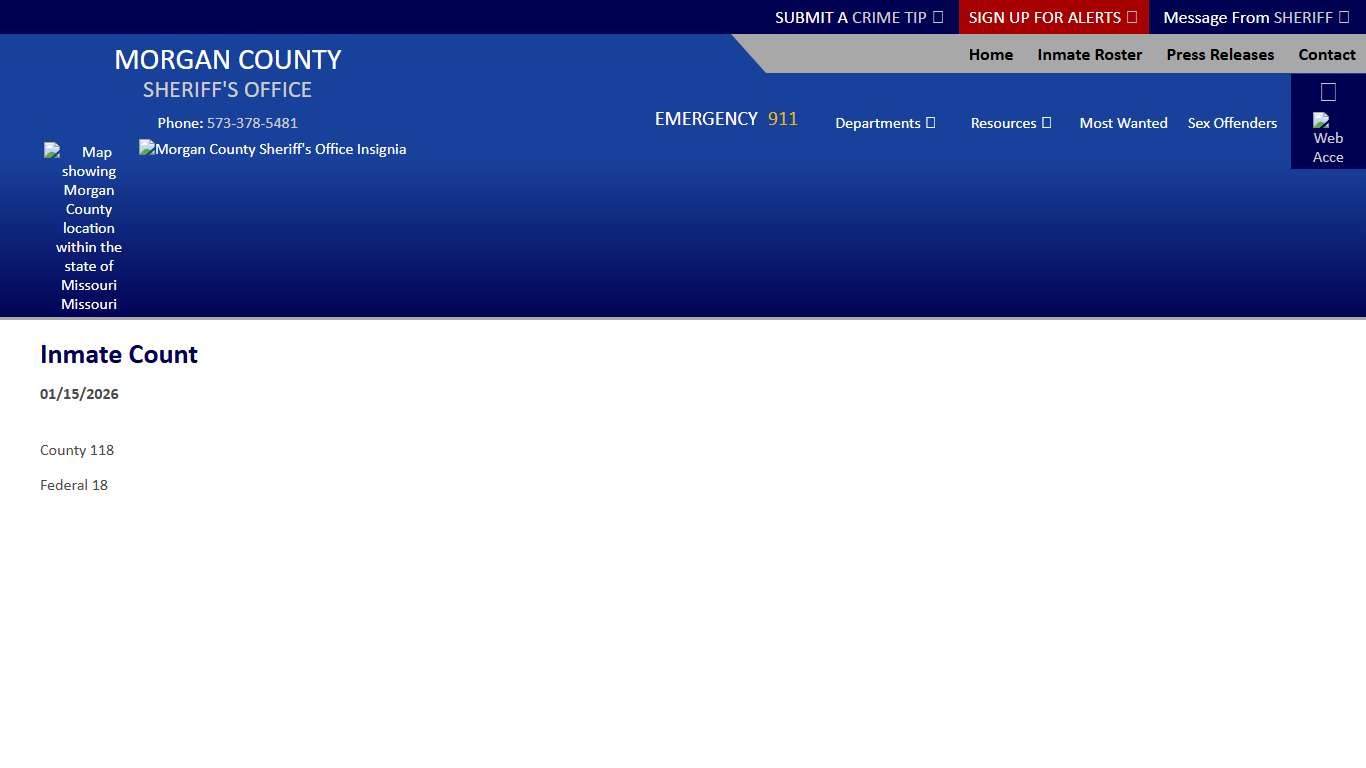 Inmate Count (01/15/2026) - Press Releases - Morgan County Sheriff MO